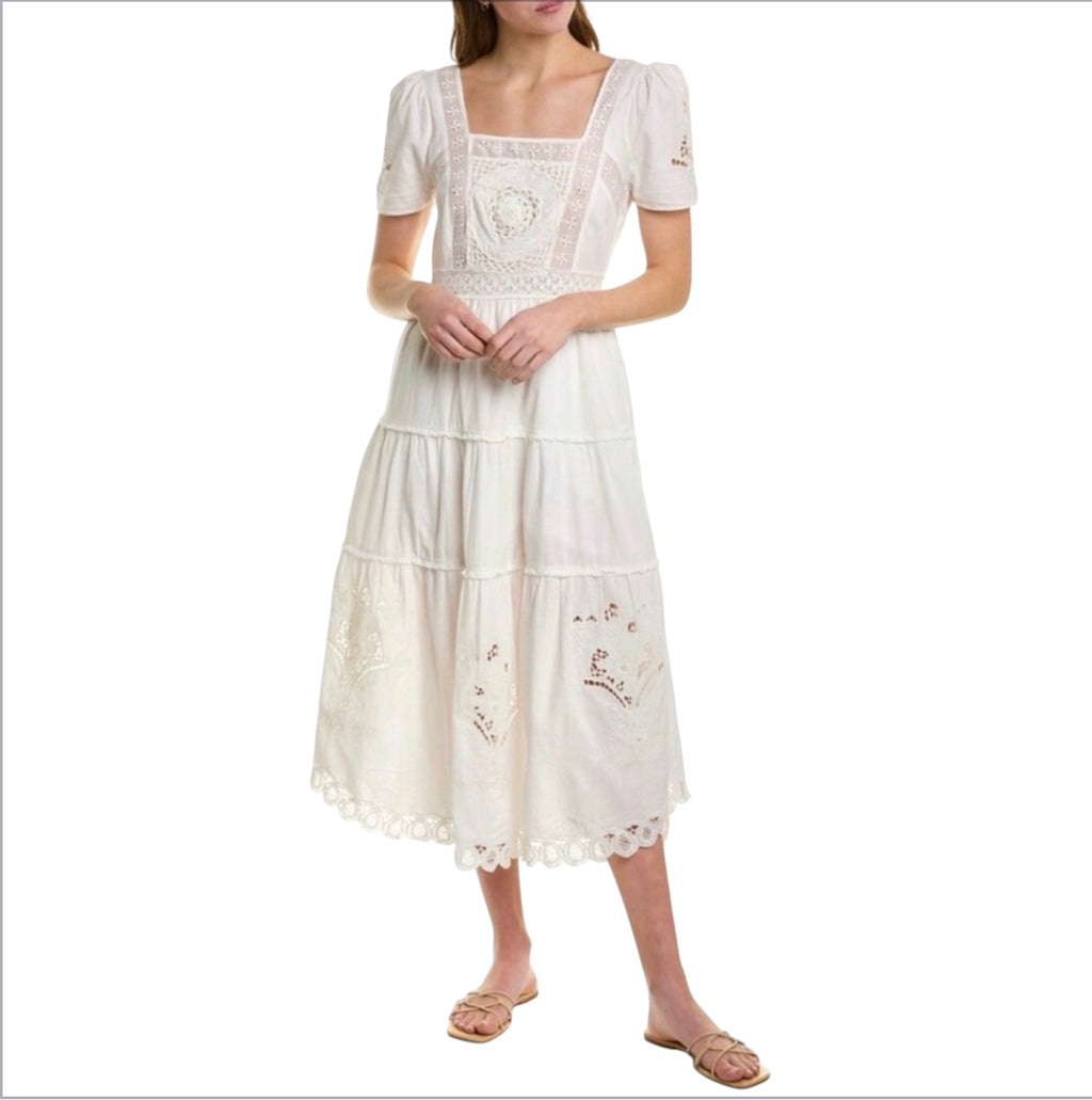 LoveShackFancy Prairie Midi Dress in True White Sz 0
