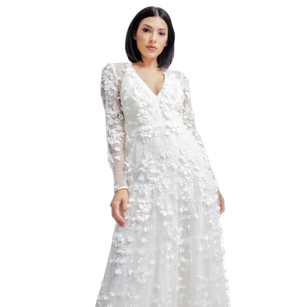 Dress the Population Angelina White 3D Floral Pearl Gown XS
