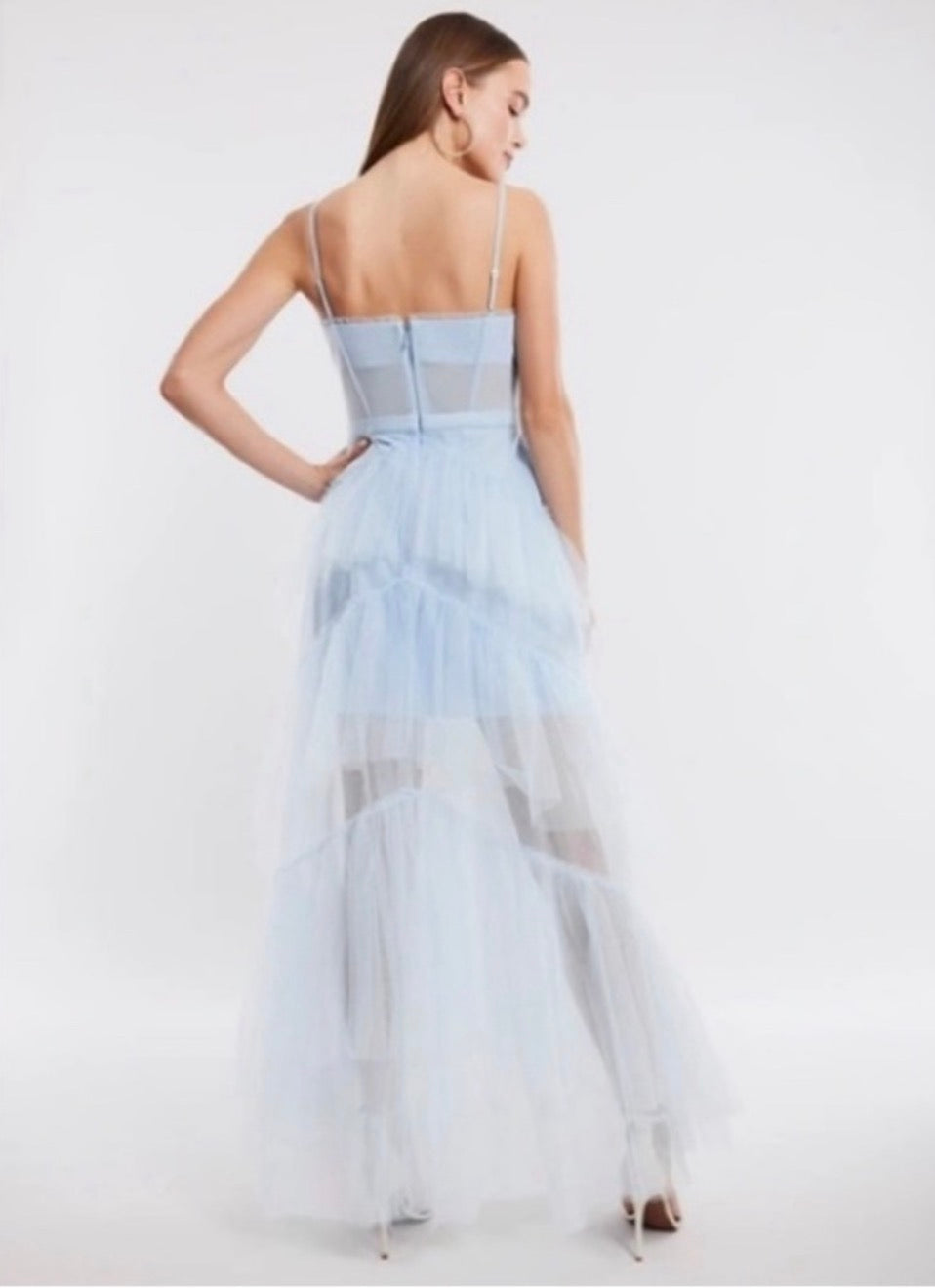 BCBGMAXAZRIA Sheer Tiered Ruffle Gown in Kentucky Blue Sz 6 $498