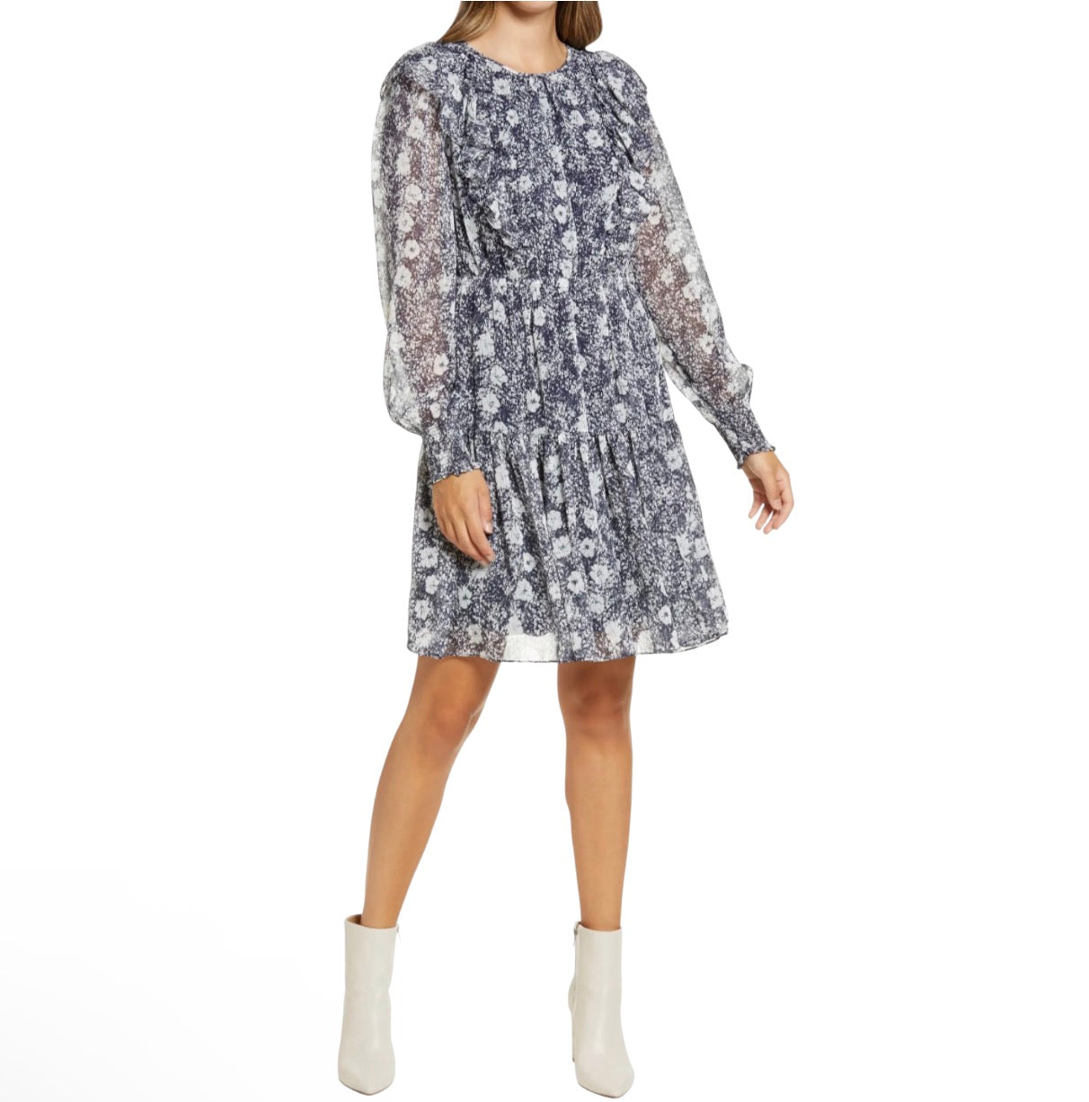 Rachel Parcell Ruffle Tiered Floral Long Sleeve Mini Dress Blue White Size Small
