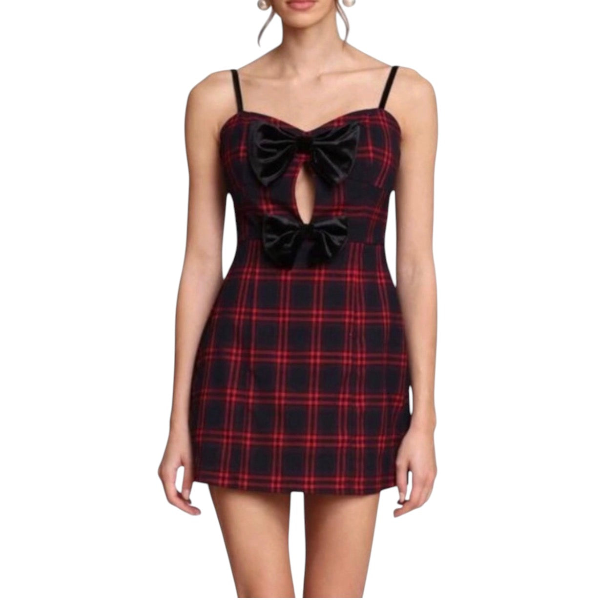 Avec Les Filles Plaid Velvet Bow Keyhole Mini Dress Red Black Size 10