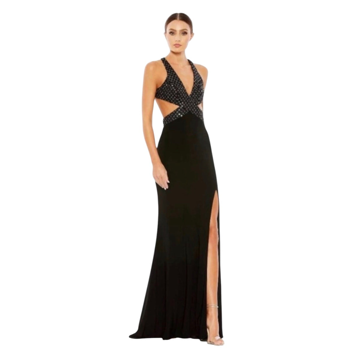 MAC DUGGAL 68166 Floral Sequined Criss Cross Bodice Gown