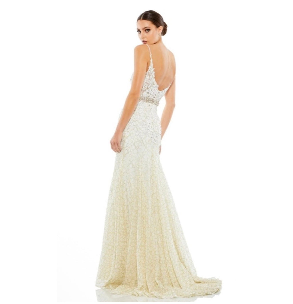 Mac Duggal A79341 Trumpet Gown Ivory Formal Plunge Neck Size 14 $798