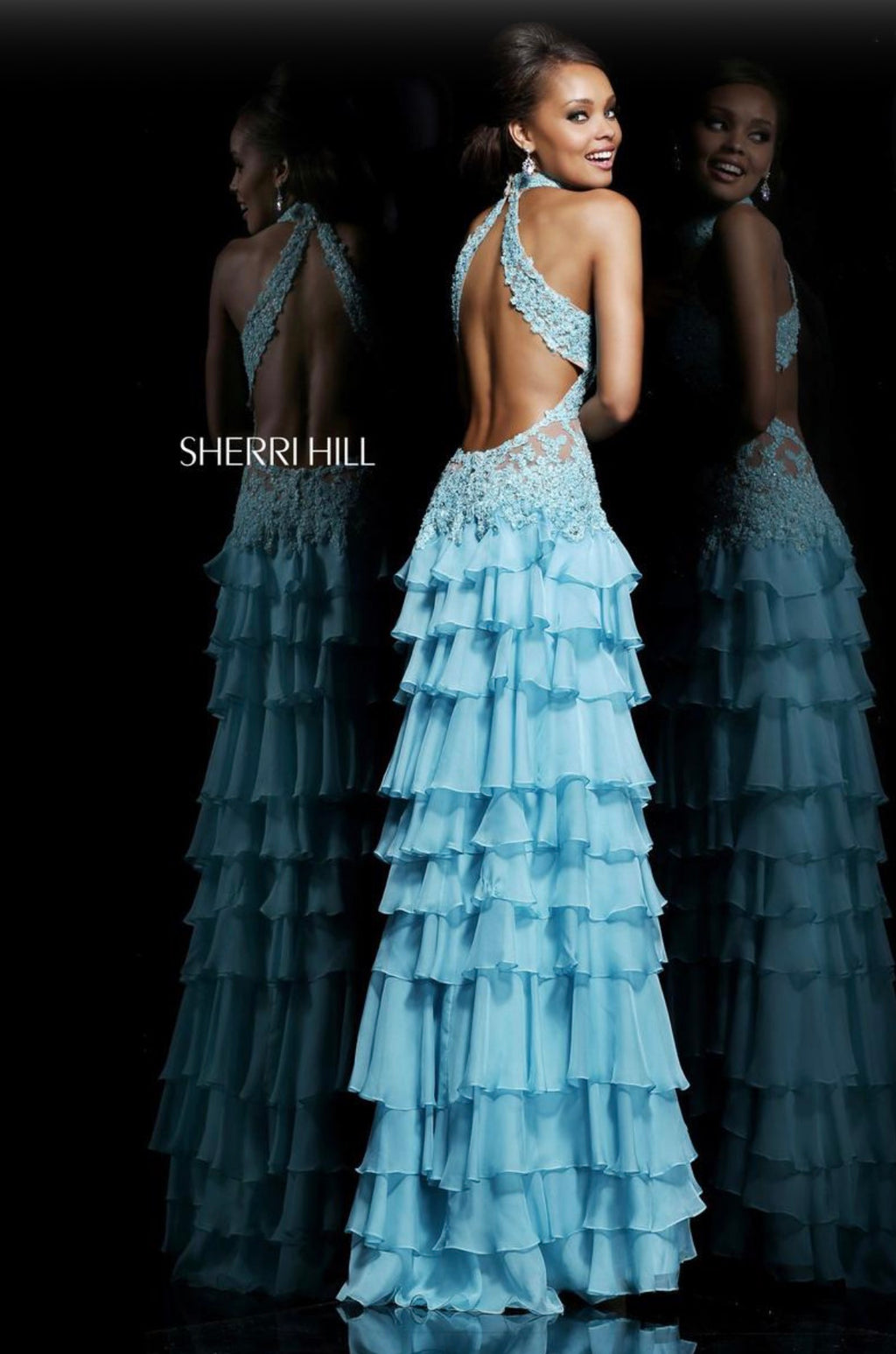 Sherri Hill 11052 Aqua Lace Tiered Ruffle Gown Sz 4