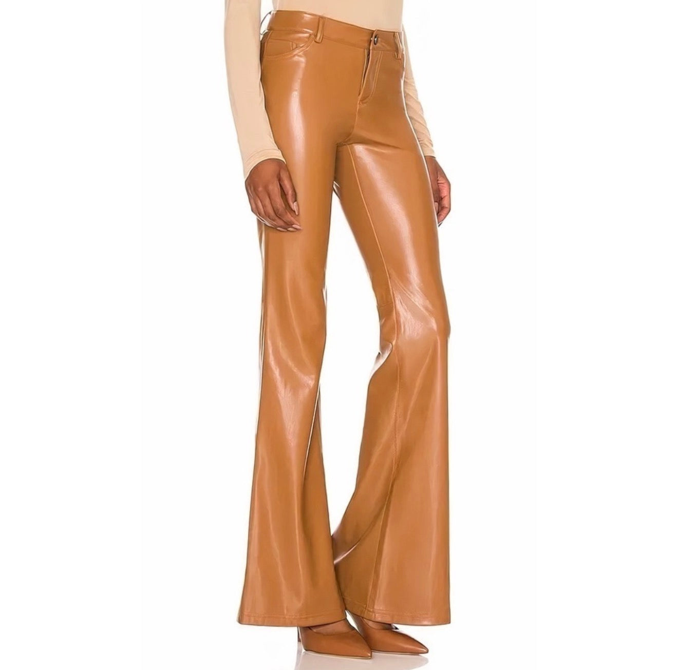 Alice & Olivia Marshall Vegan Leather Crop Bell Pant in Camel Sz 0 $395