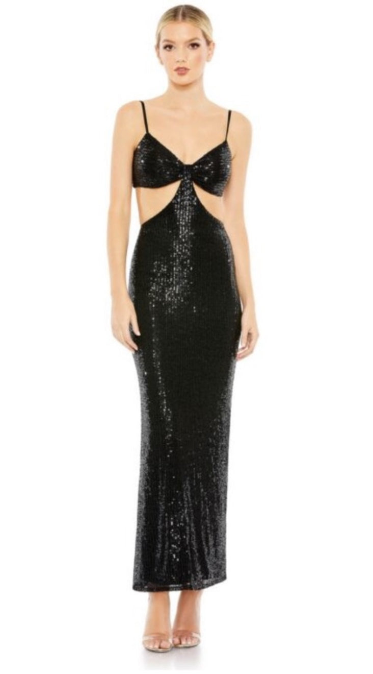 leena for Mac Duggal 70130 Cutout Waist Sequin Midi Dress Black Sz 2 $398