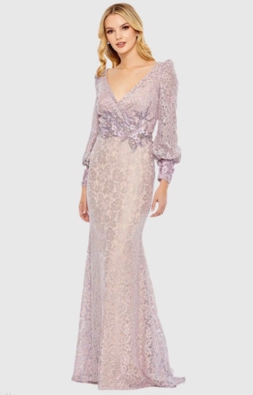 MAC DUGGAL 79397 Vintage Lilac
Lace Long Sleeve V Neck Embellished Gown Sz 14 $798