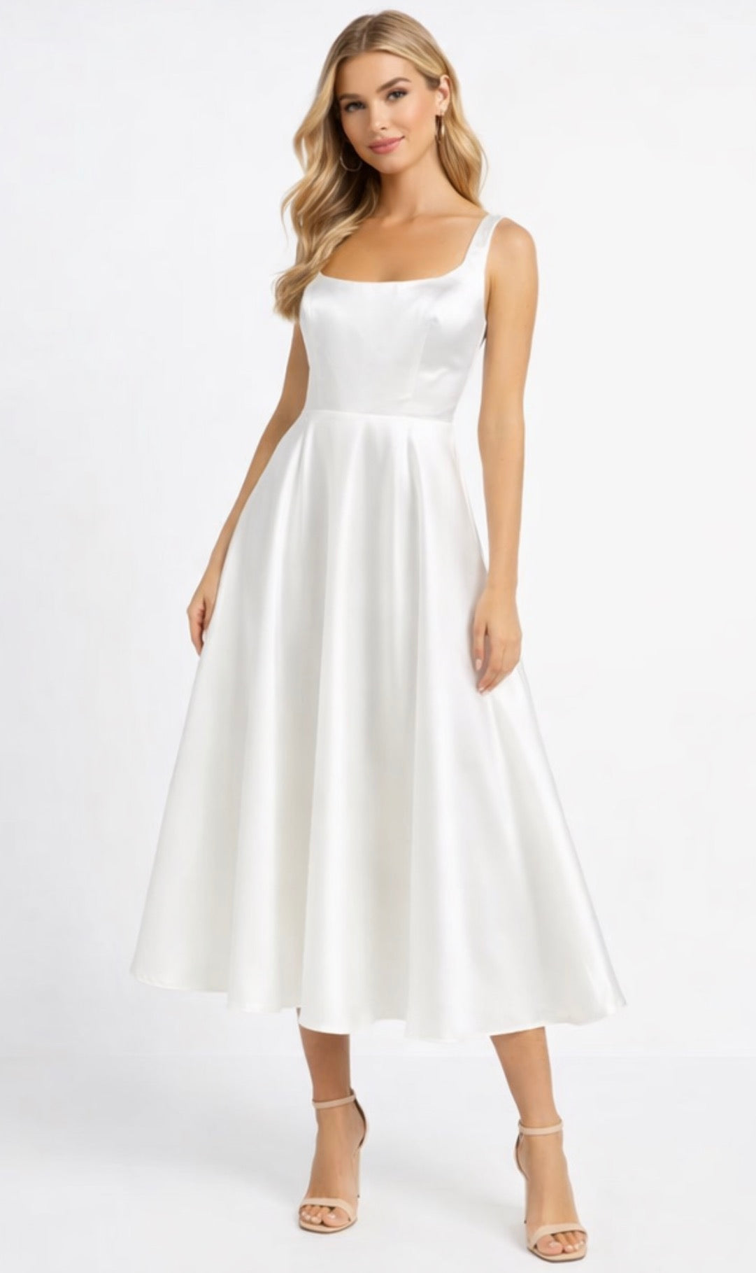 Ieena for Mac Duggal 11885 White Satin Tea Length A-Line Dress Size 2 $398