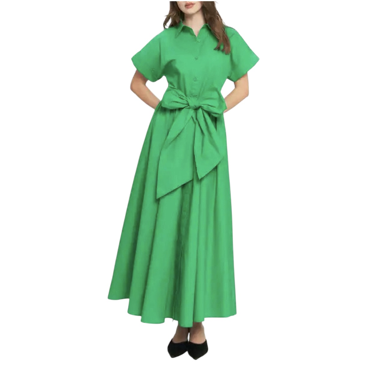 Flying Tomato Emerald Green Cotton Button Front Maxi Shirt Dress Tie Waist Bow Size Small