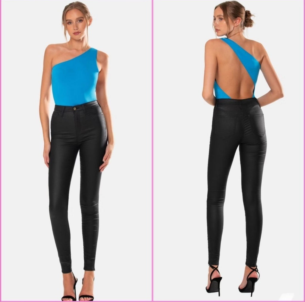 OW Collection Ezra Asymmetrical Bodysuit Back Cut Out Blue  $110