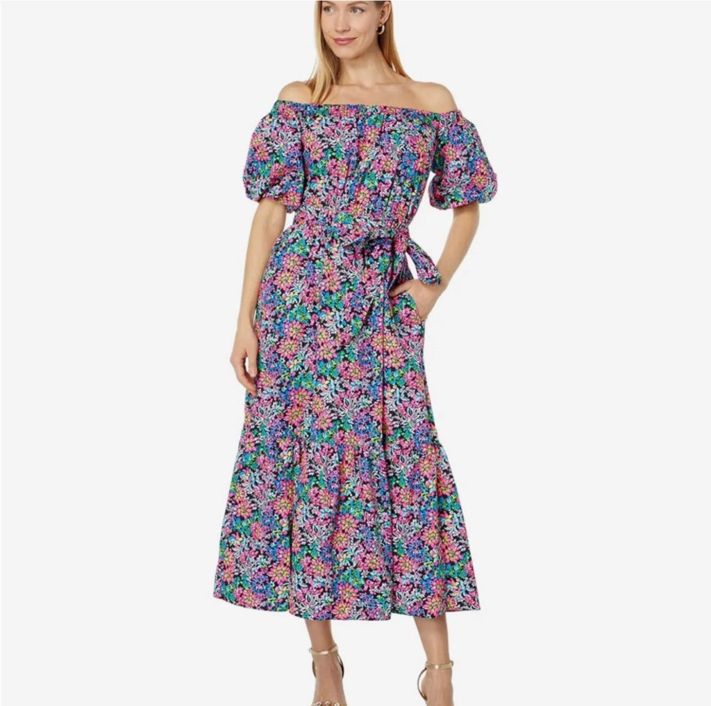 Lilly Pulitzer Tamie Off-the-Shoulder Dress in Feeling Fintastic Sz Medium