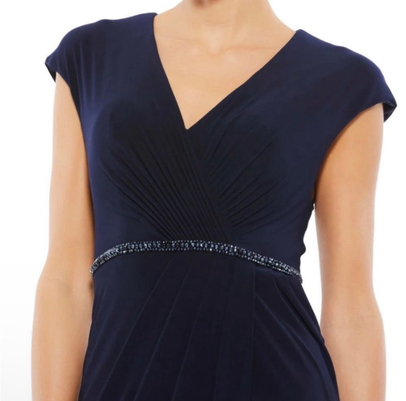 Mac Duggal 67850 Navy Beaded Waist Cap Sleeve Dress Gown Sz 10 $398