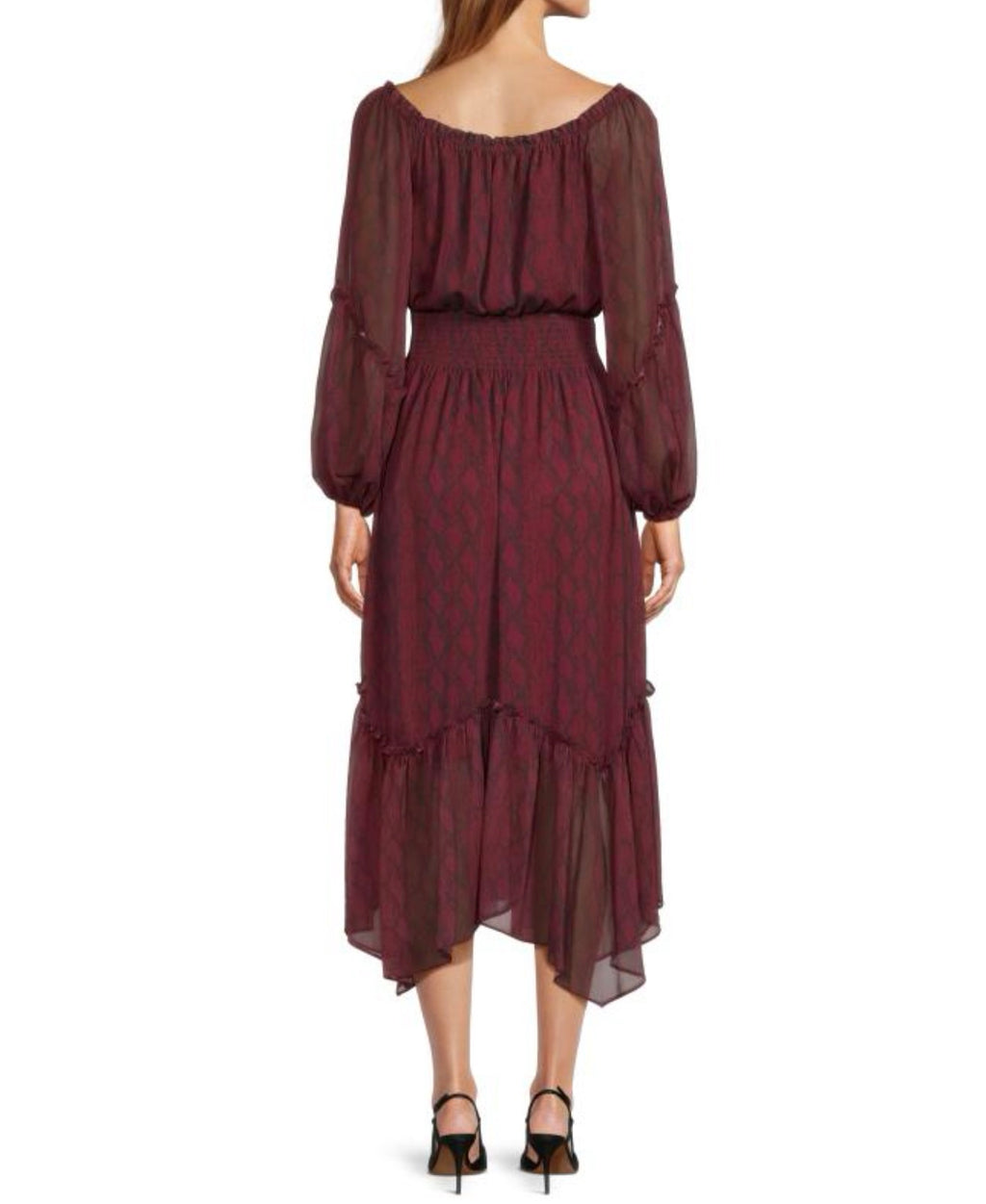 RAMY BROOK
Exclusive Printed Danna Smocked-Waist Chiffon Midi-Dress Sz Small $595 Wine and Black Print