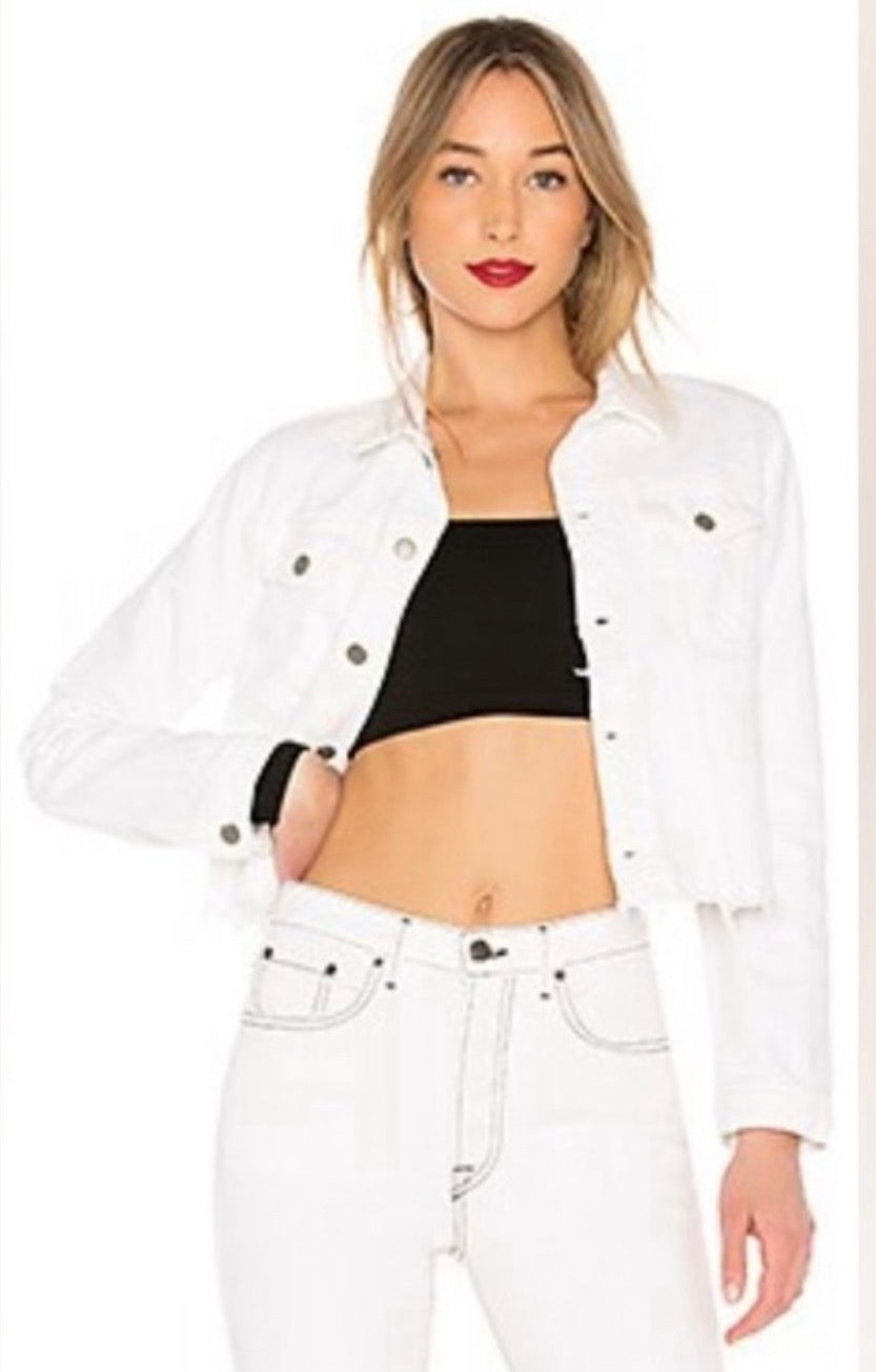 NWT GRLFRND Revolve Cara Cropped Denim Distressed Jacket Vienna White Sz Large