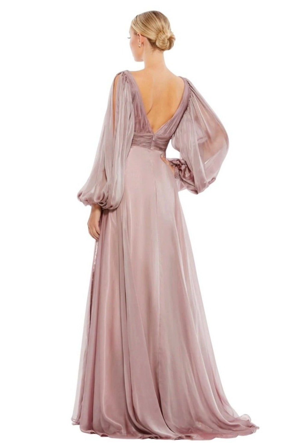 Mac Duggal Chiffon Open Sleeve A-Line Gown Mocha Pink Beaded Cuff $598