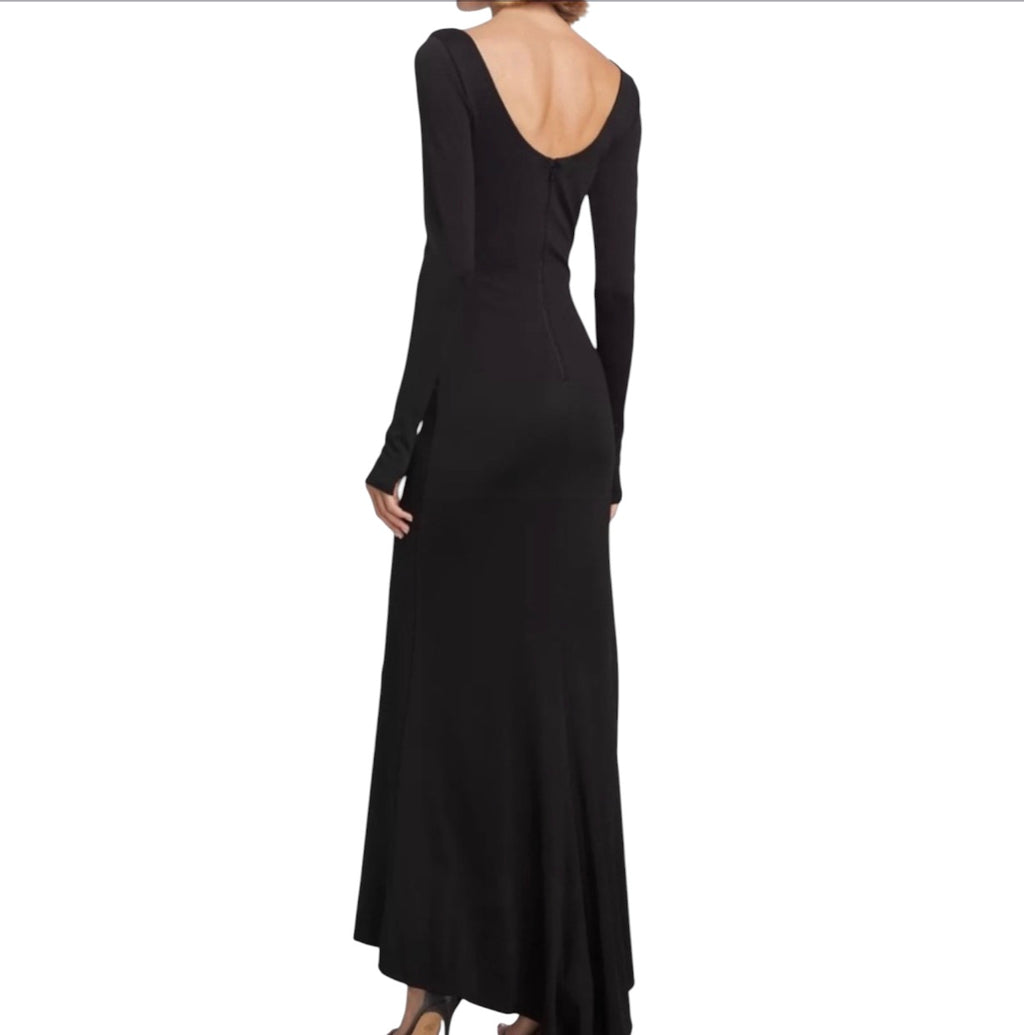 Alice + Olivia Black Kalena Plunge Crystal Jersey Cut Out Maxi Dress Sz 8