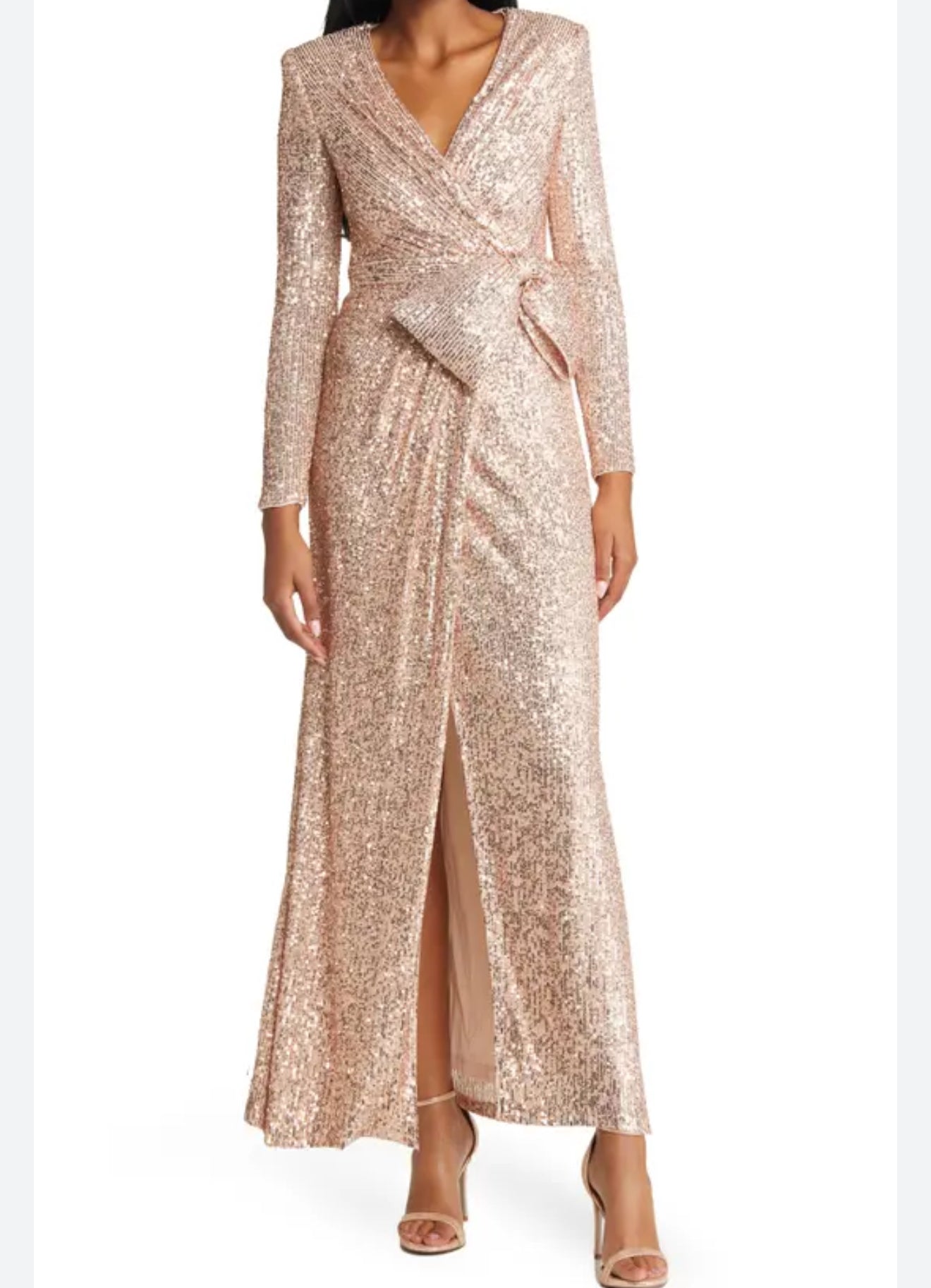 Eliza J
Sequin Wrap Front Long
Sleeve Gown Champagne Rose Gold Sz 8 $268