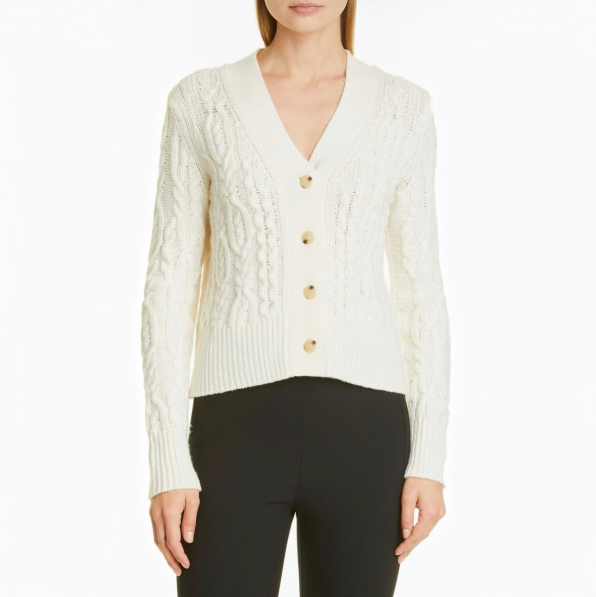 VINCE Triple Braid Cable Wool Cashmere Cardigan Off White Size Small