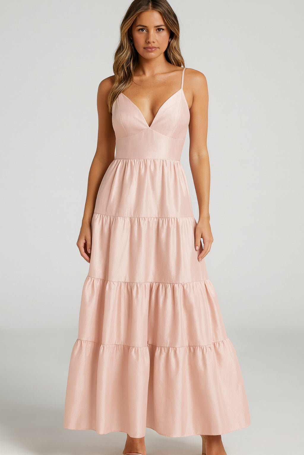 HUTCH Blush Pink Tiered Maxi Dress Taffeta Sheen Spaghetti Strap
Gown Small $298
