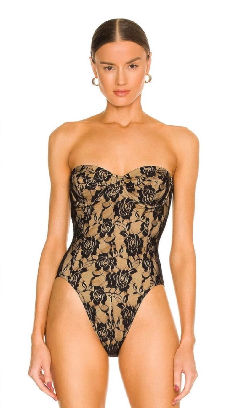 Norma Kamali Mio Corset Strapless One-Piece Swimsuit Black Rose Nude XS NWT $295