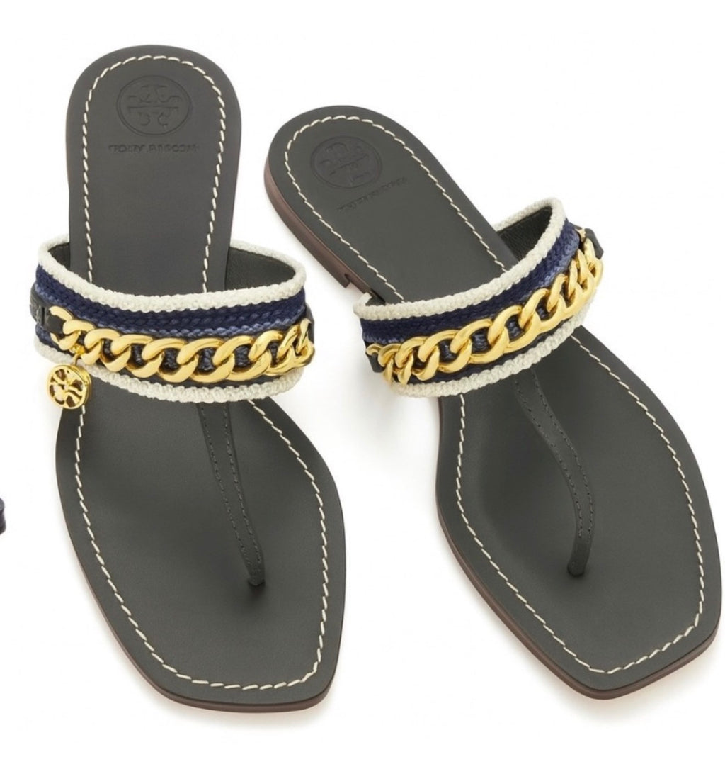 Tory Burch Mini Benton Chain Thong Sandals in Poblano, Size 6 $278