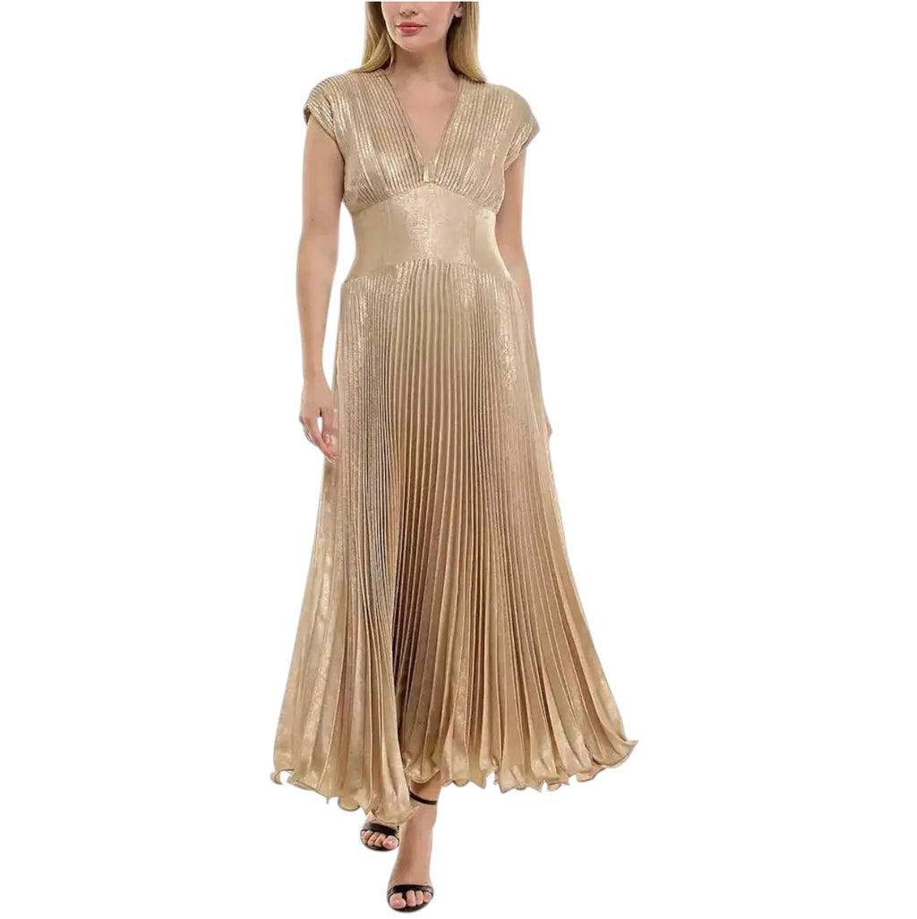 Taylor Metallic Pleated V-Neck Cap Sleeve Gown – Light Gold – Size 2