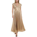 Taylor Metallic Pleated V-Neck Cap Sleeve Gown – Light Gold – Size 2