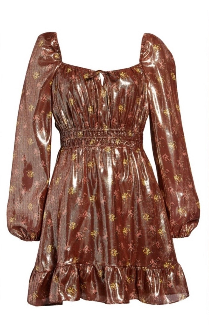Paige Noah Metallic Dress Long Sleeve Mini in Brown Copper Sz Small