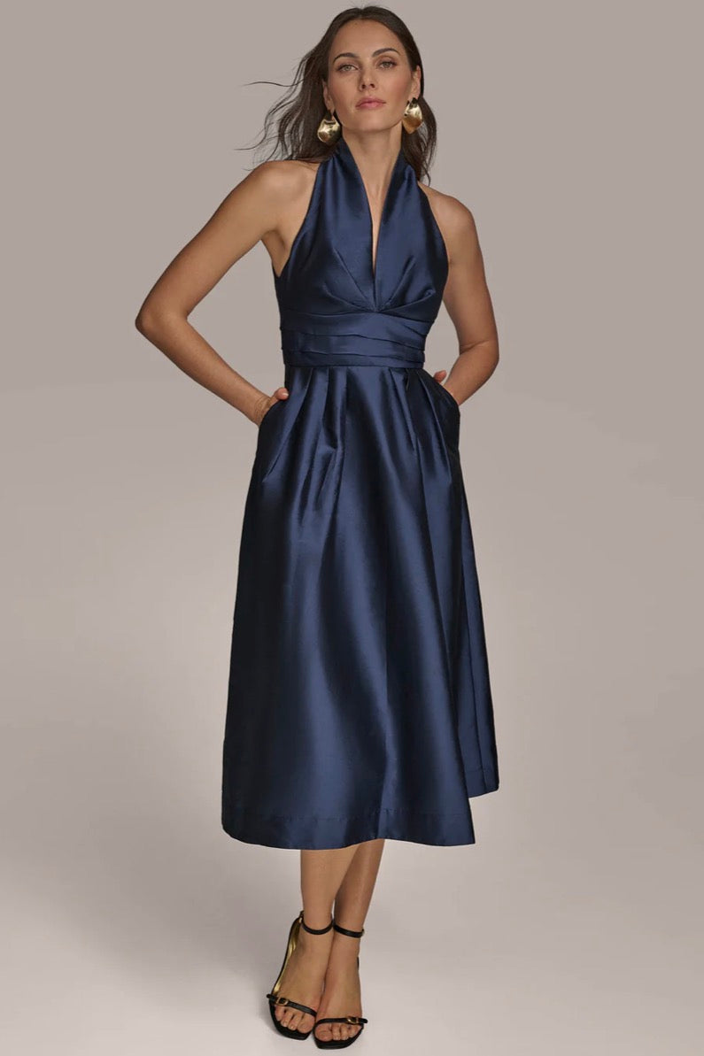 Donna Karan Sleeveless V-Neck Taffeta Midi Cocktail Dress TAFFETA BLUE  Sz 8