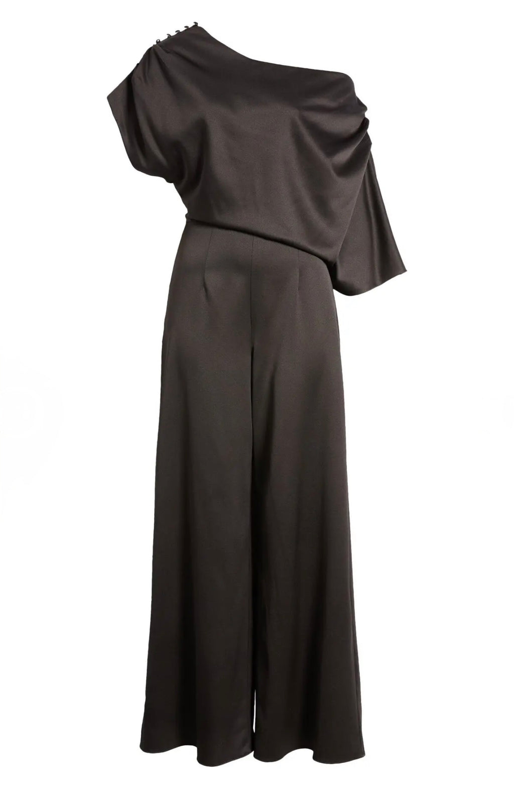 Elliatt Amari Off Shoulder Wide Leg Satin Jumpsuit Black Size Large $220