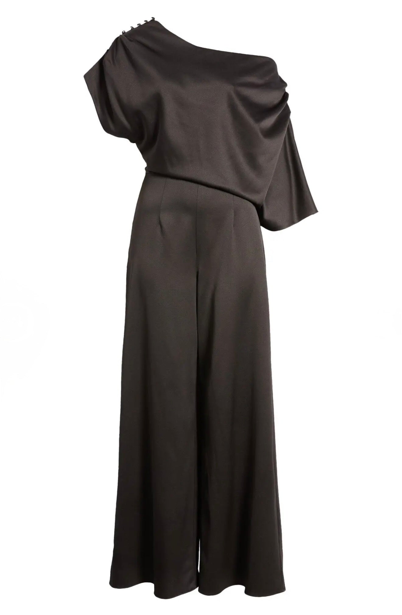 Elliatt Amari Off Shoulder Wide Leg Satin Jumpsuit Black Size Large $220