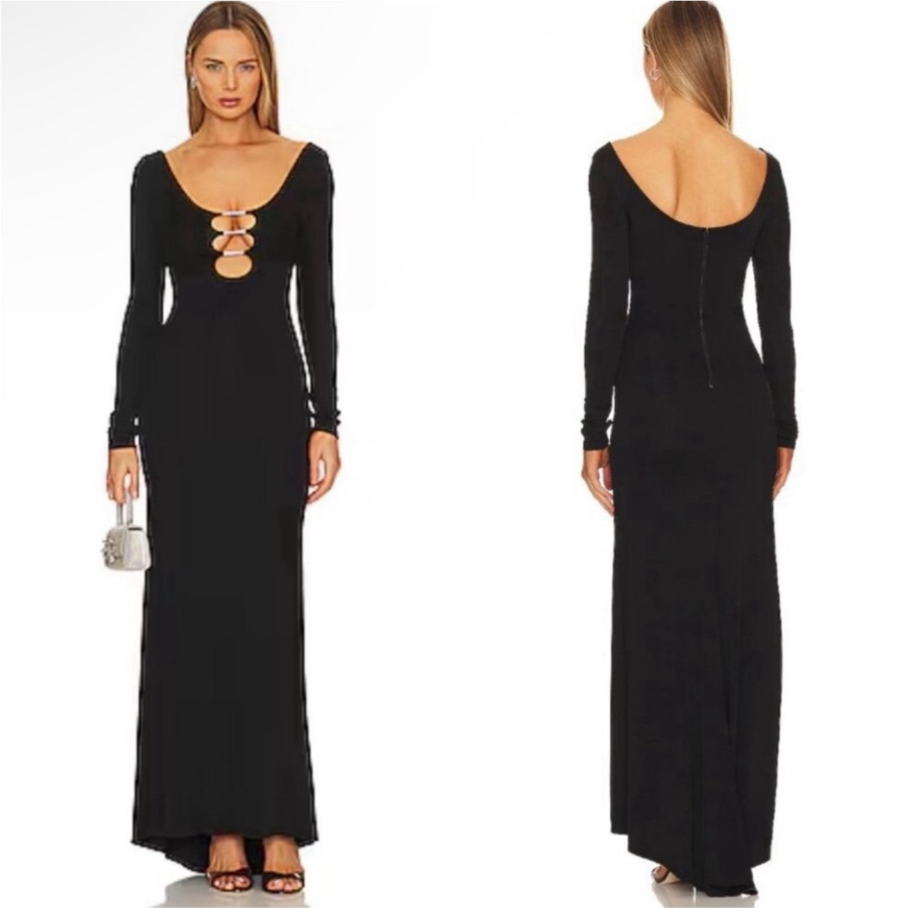 Alice + Olivia Kalena Plunge Crystal Jersey Cut Out Maxi Dress Sz 4 $550