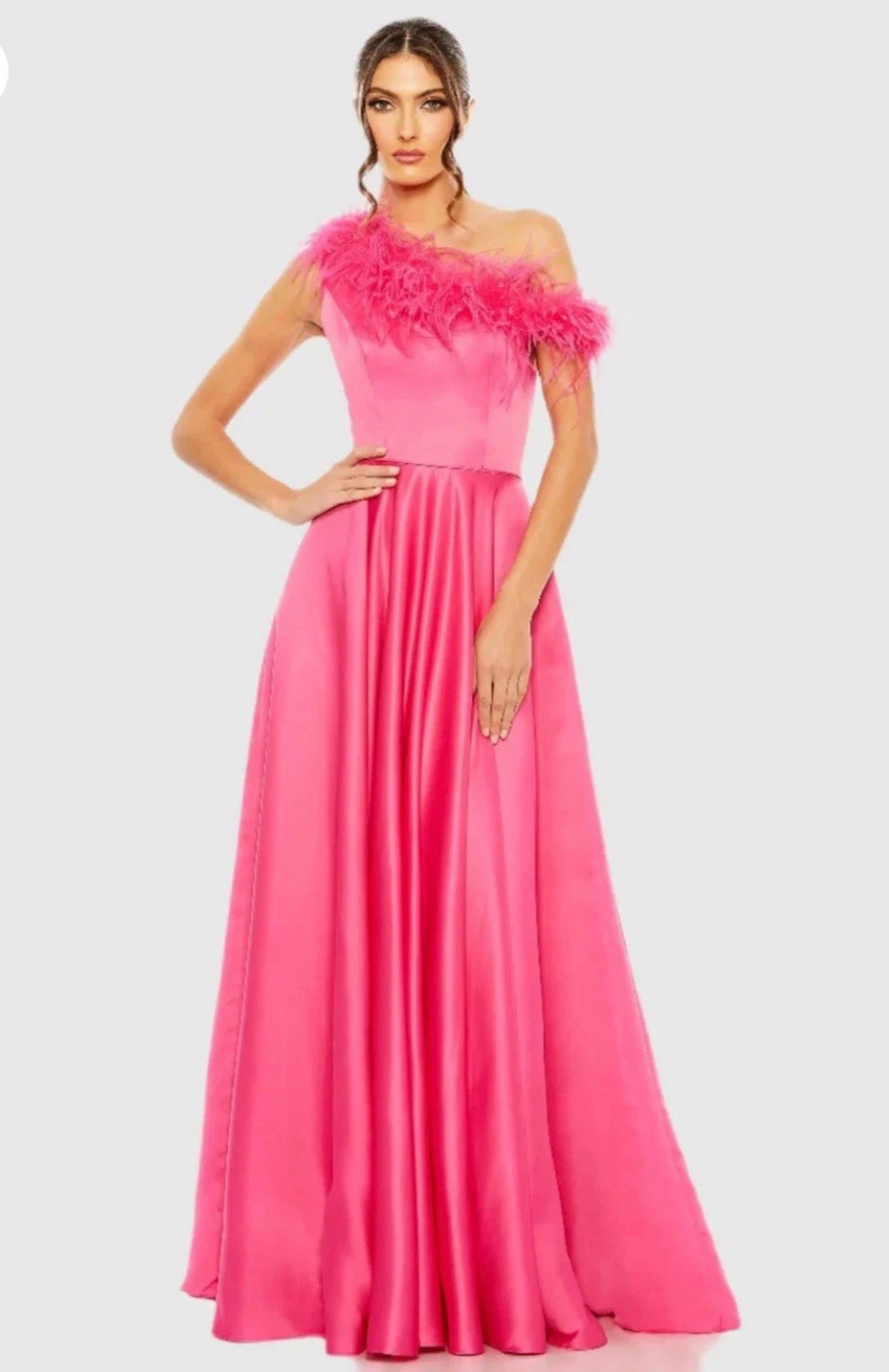 Mac Duggal Satin Feather Trim One Shoulder A-Line Gown Hot Pink 11684 $598