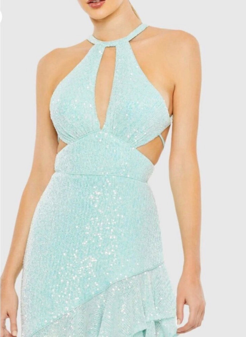 Ieena MAC DUGGAL 11274 Aqua Sequined Halter Cut Out Ruffle
Asymmetrical Dress Gown Sz 2 $298