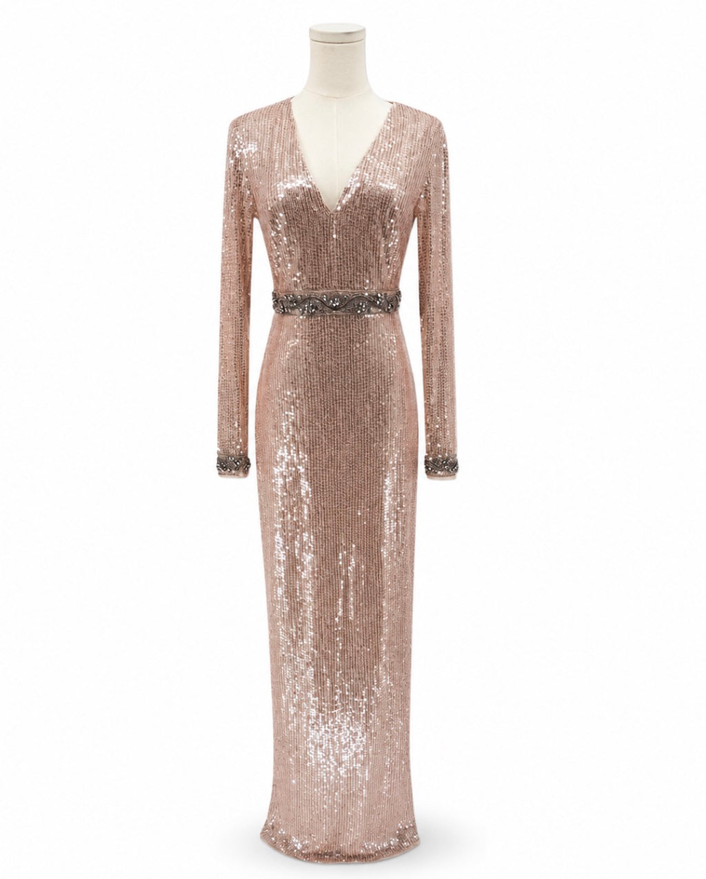 Mac Duggal Rose Gold Embellished Sequin Long Sleeve Gown Sz 2