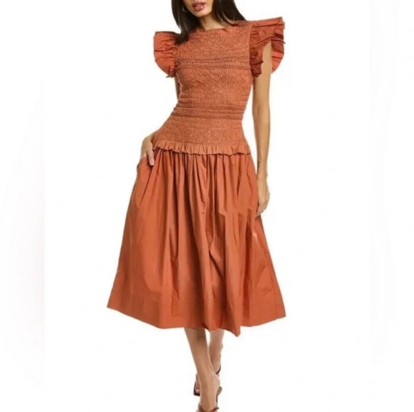 Ulla Johnson Madeline Ruffled
Smocked Midi Dress in Clay Sz 2