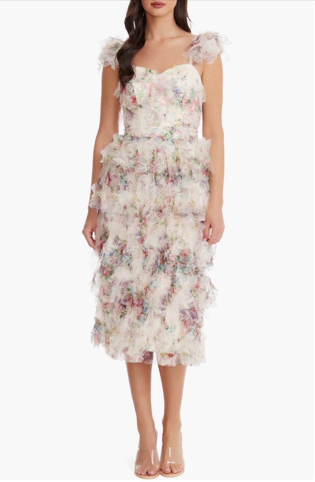Dress the Population
Kristen Flutter Sleeve Ruffle
Tier Dress in Ivory Multi Sz Small $430