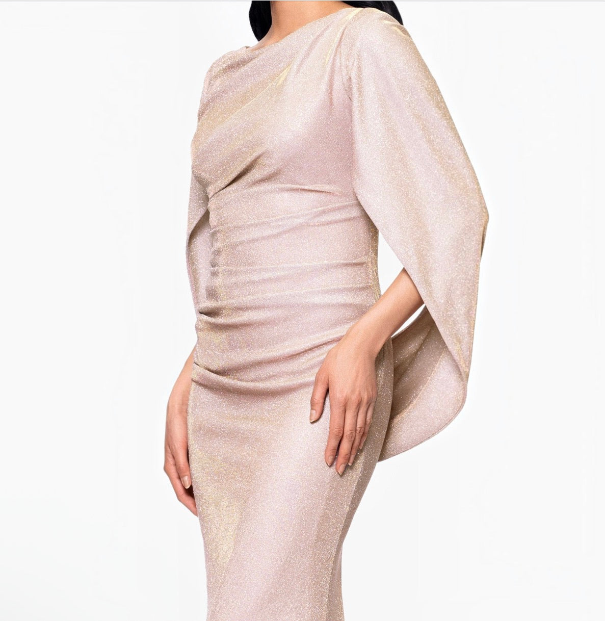 Betsy & Adam Gracie Metallic Glitter Draped Gown White Pink Gold Size 4P