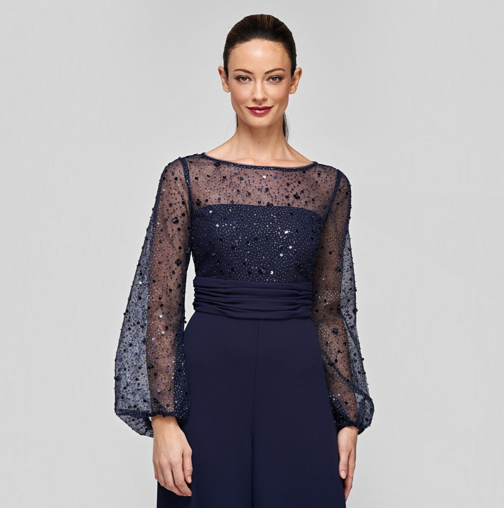 JS COLLECTIONS Raelynn Beaded Wide-Leg Jumpsuit Navy Size 16