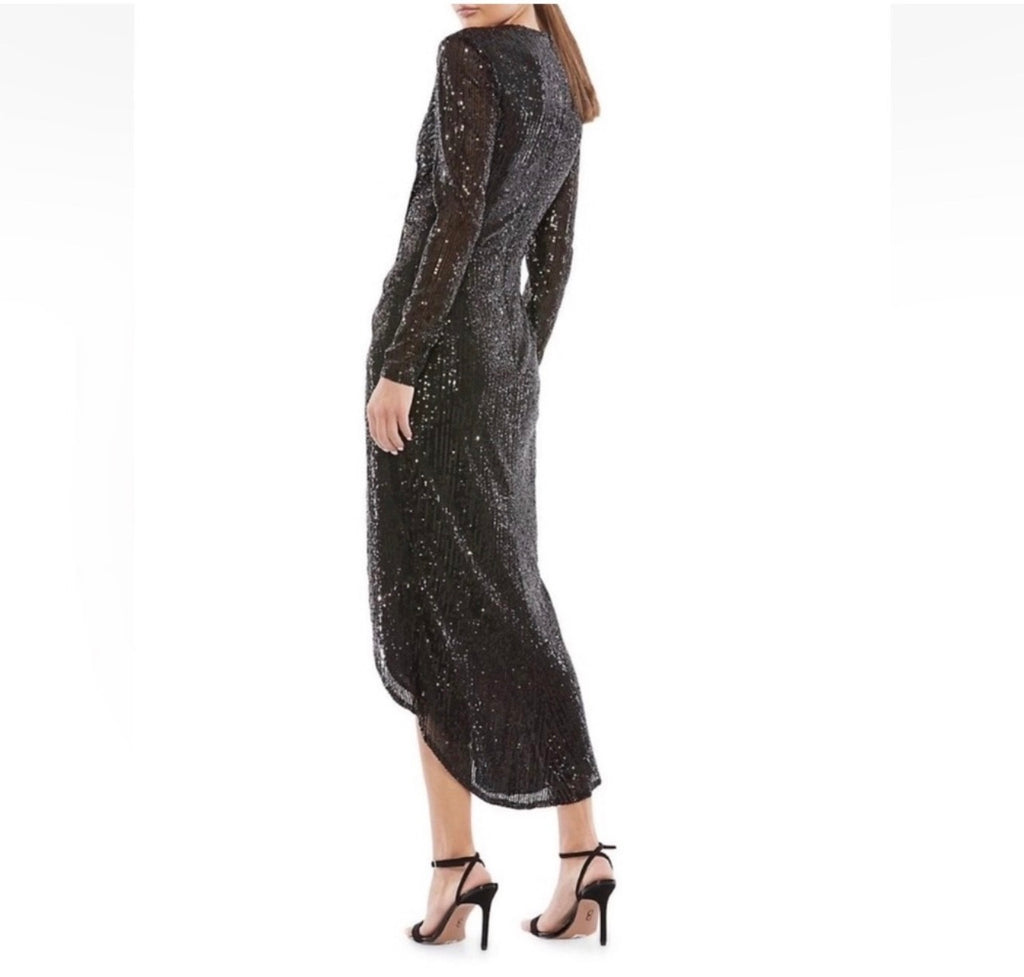 Mac Duggal 26549 Sequined High Low Front Twist Midi Dress Black $358