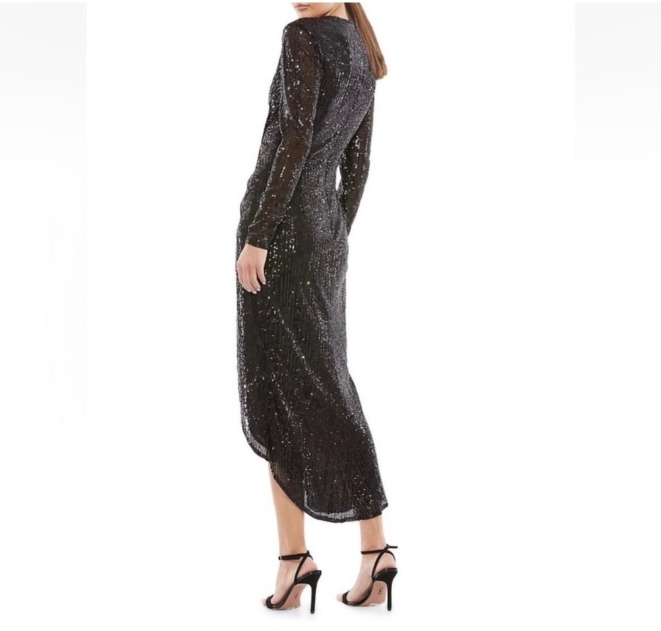 Mac Duggal 26549 Sequined High Low Front Twist Midi Dress Black $358