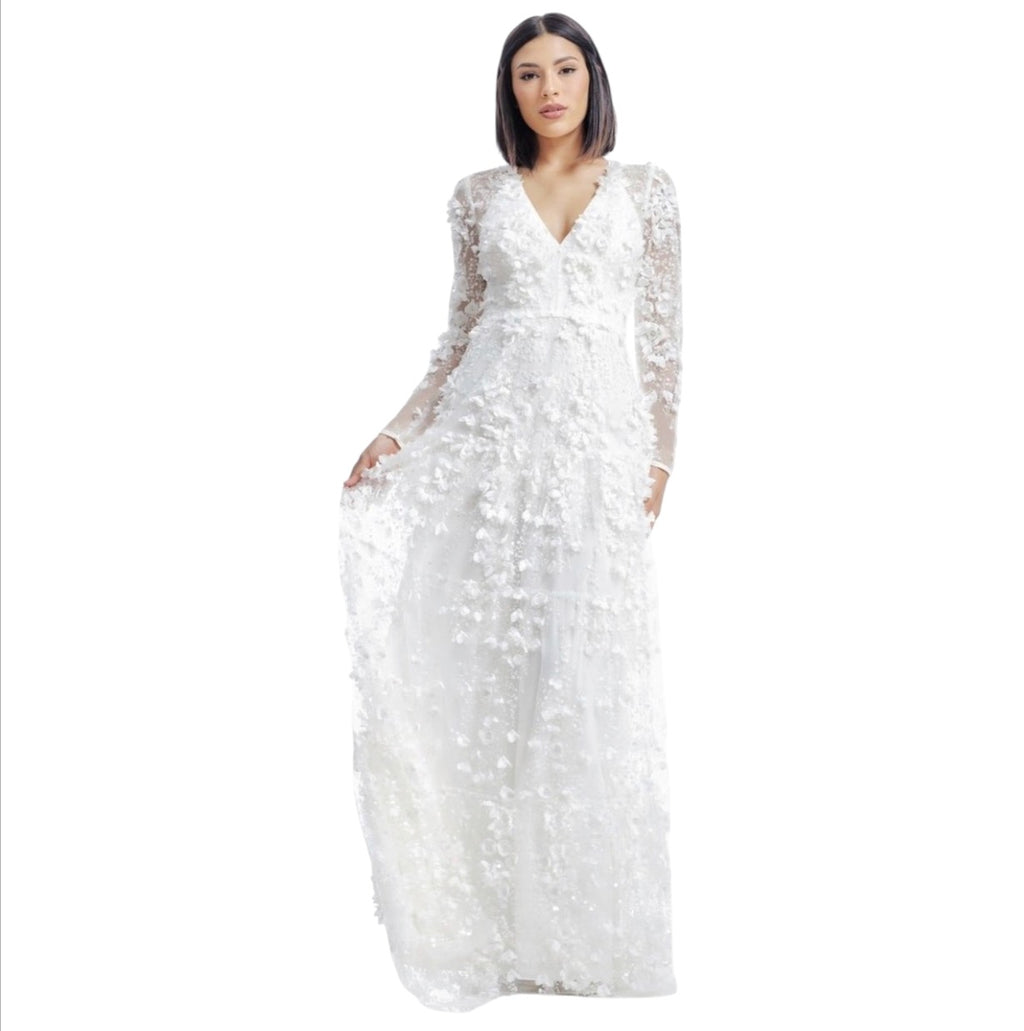 Dress the Population Angelina White 3D Floral Pearl Gown XS