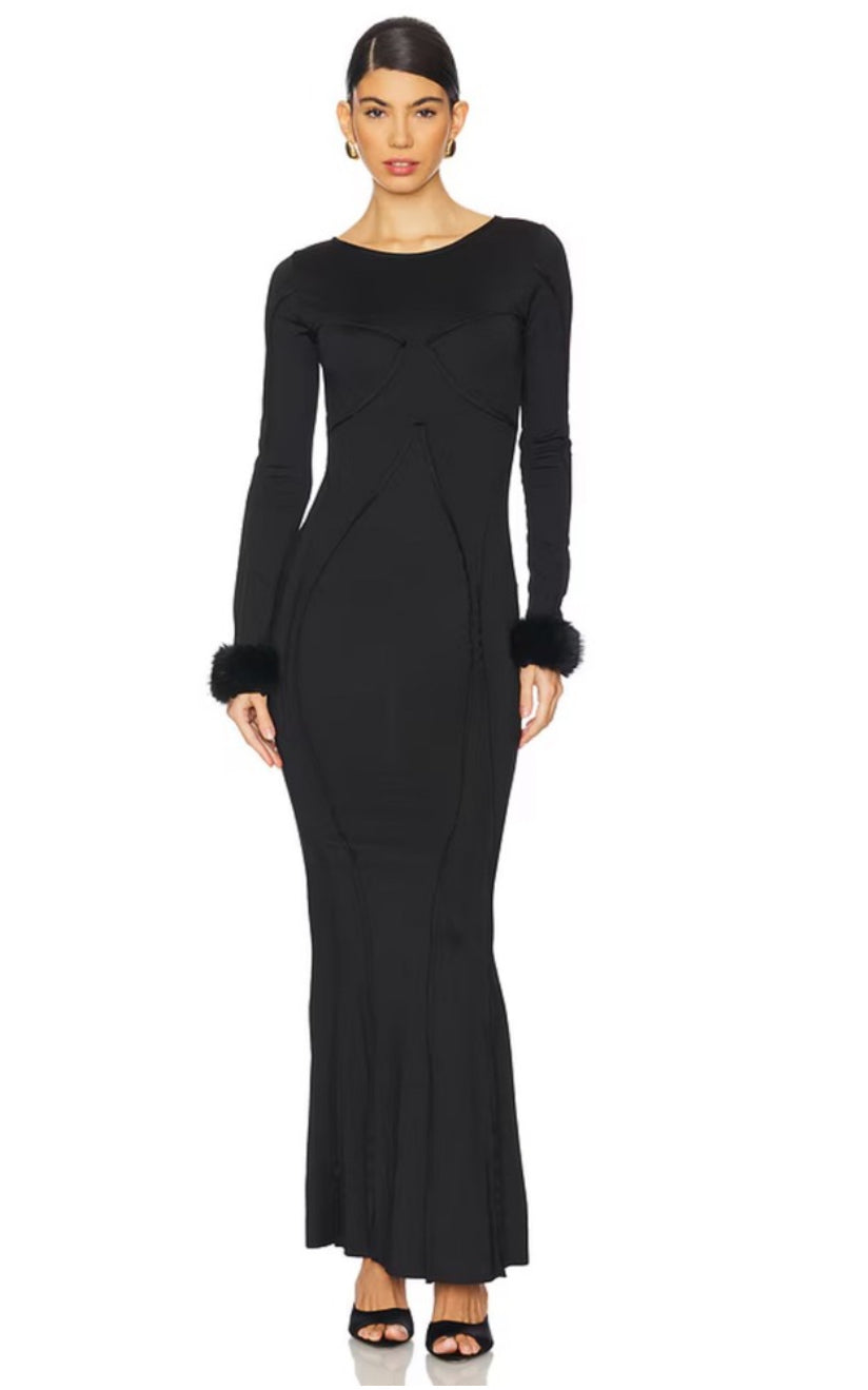 OW Collection Ciara Maxi Dress in Black w Removable Fur Cuffs XS $320