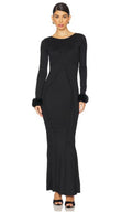 OW Collection Ciara Maxi Dress in Black w Removable Fur Cuffs XS $320