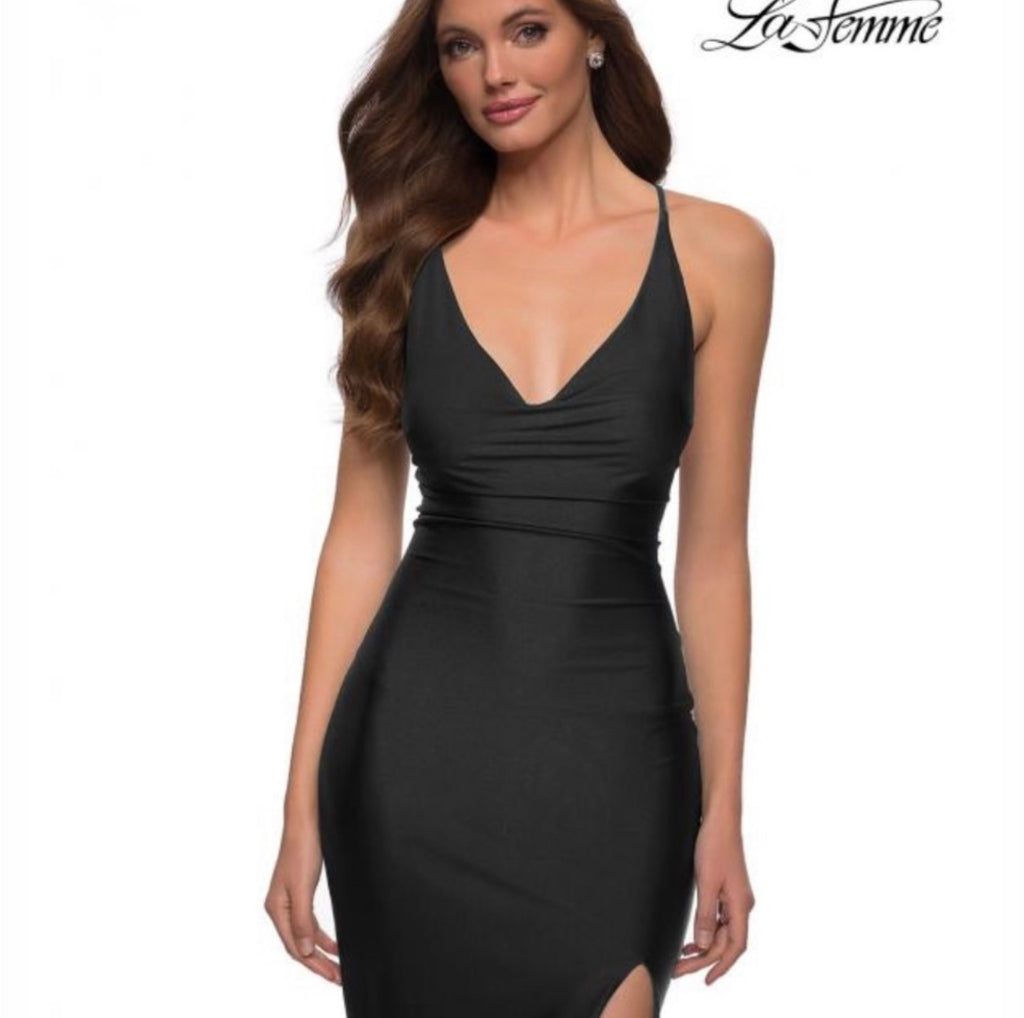La Femme #29785 Plunging Neck High Slit Strappy Back Gown Dress Sz 12