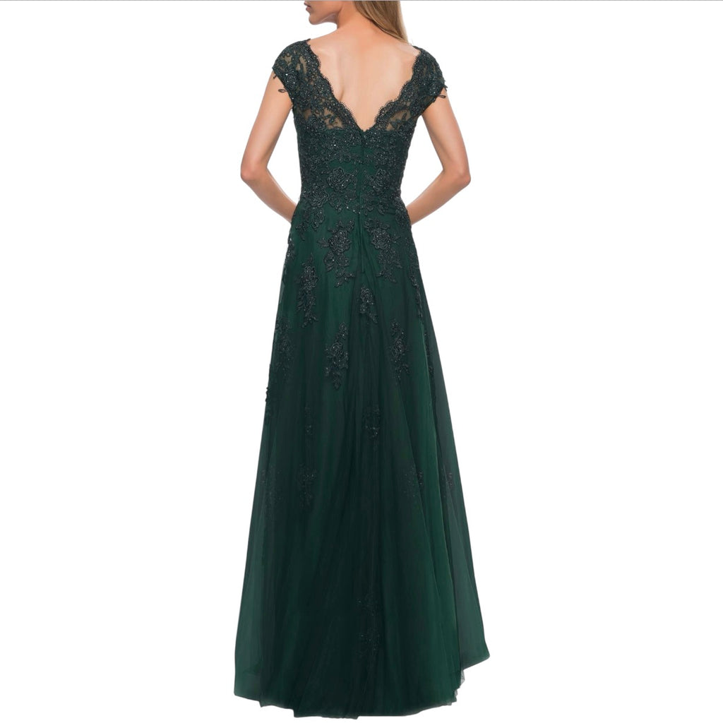 LA FEMME Style 26942 Short Sleeve Lace Gown Dark Emerald Sz 14