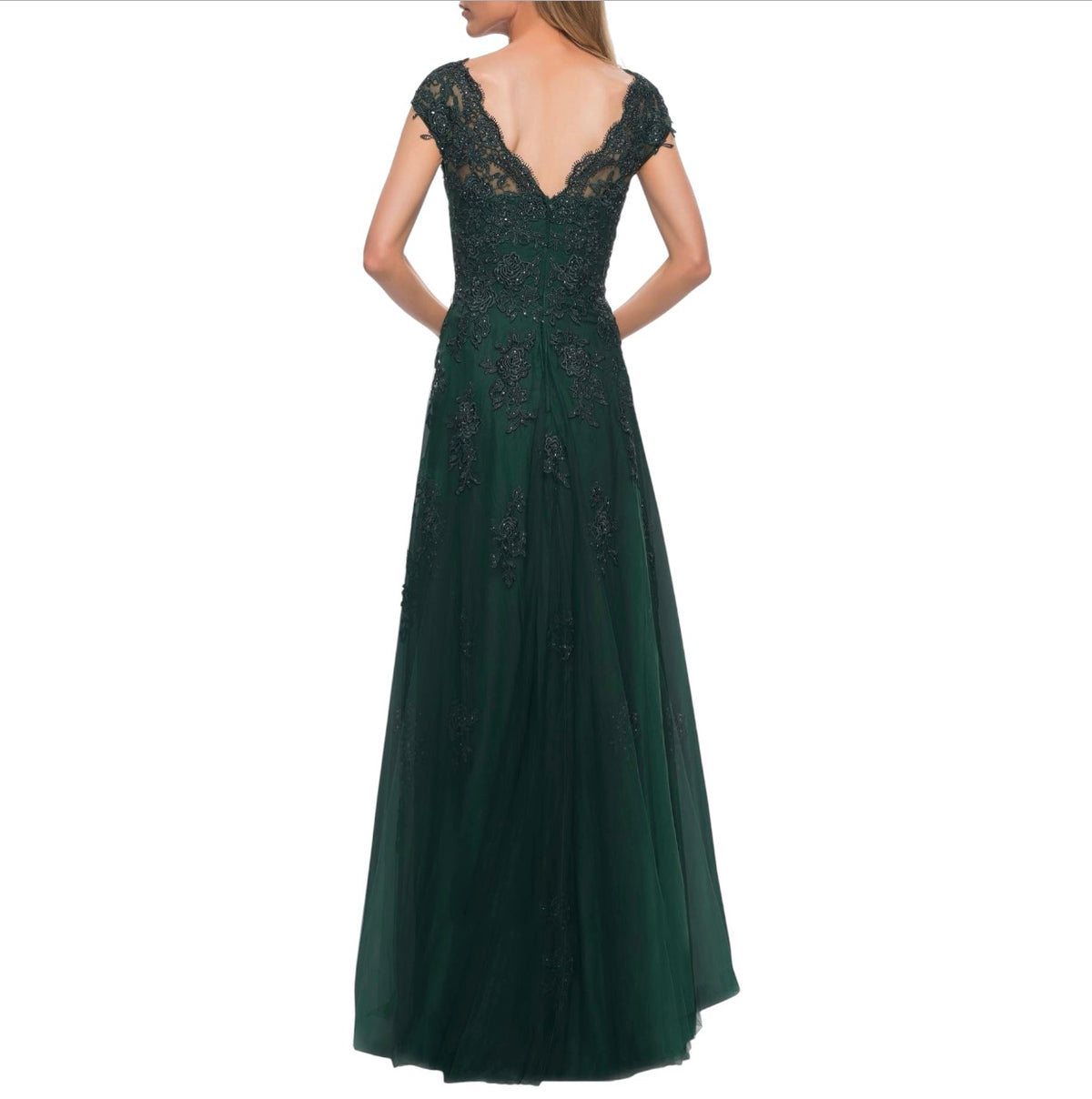 LA FEMME Style 26942 Short Sleeve Lace Gown Dark Emerald Sz 14