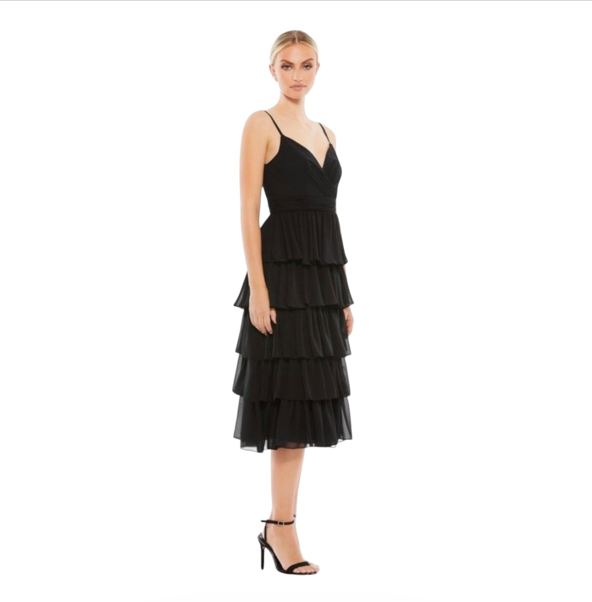 MAC DUGGAL 55437 Ruffle Layered V-Neck Midi Dress in Black
