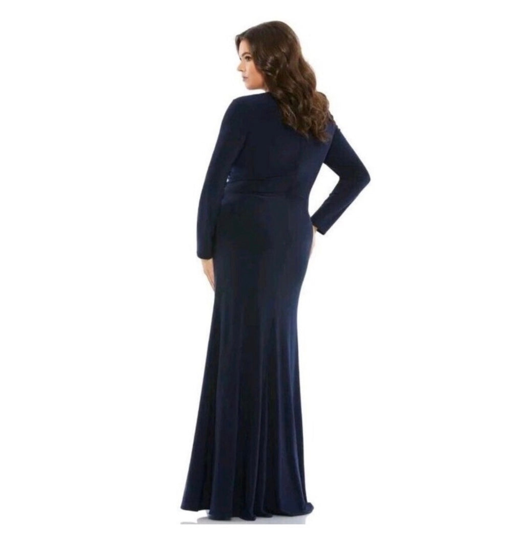 MAC DUGGAL 49504 Front Twist Long Sleeve V-Neck Gown (Plus) Midnight Blue Sz 14W $398