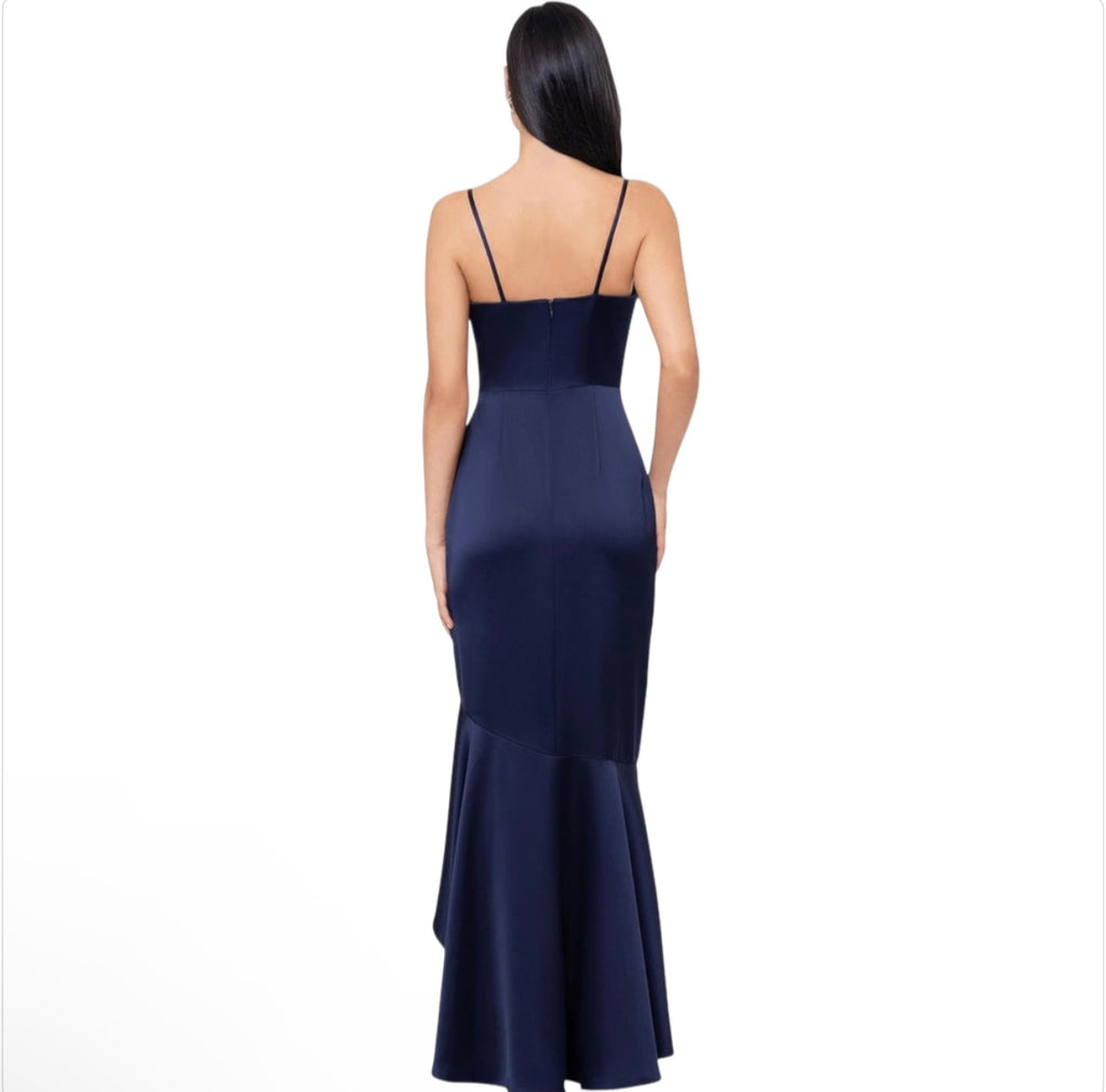 Xscape 6251X Satin Ruffle High Low Formal Dress Navy Size 12
